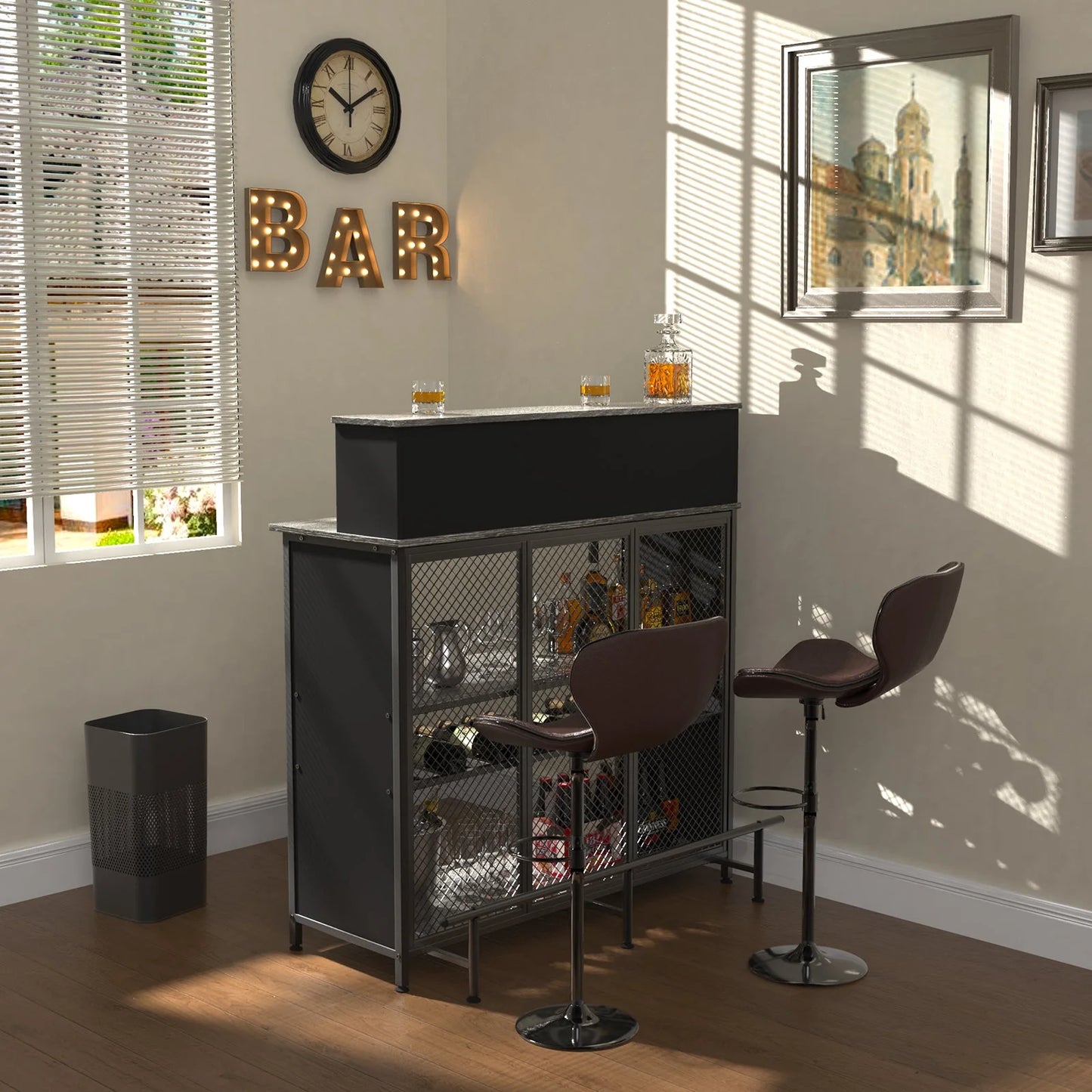 Home Bar Unit Mini Bar Liquor Bar Table with Storage and Footrest