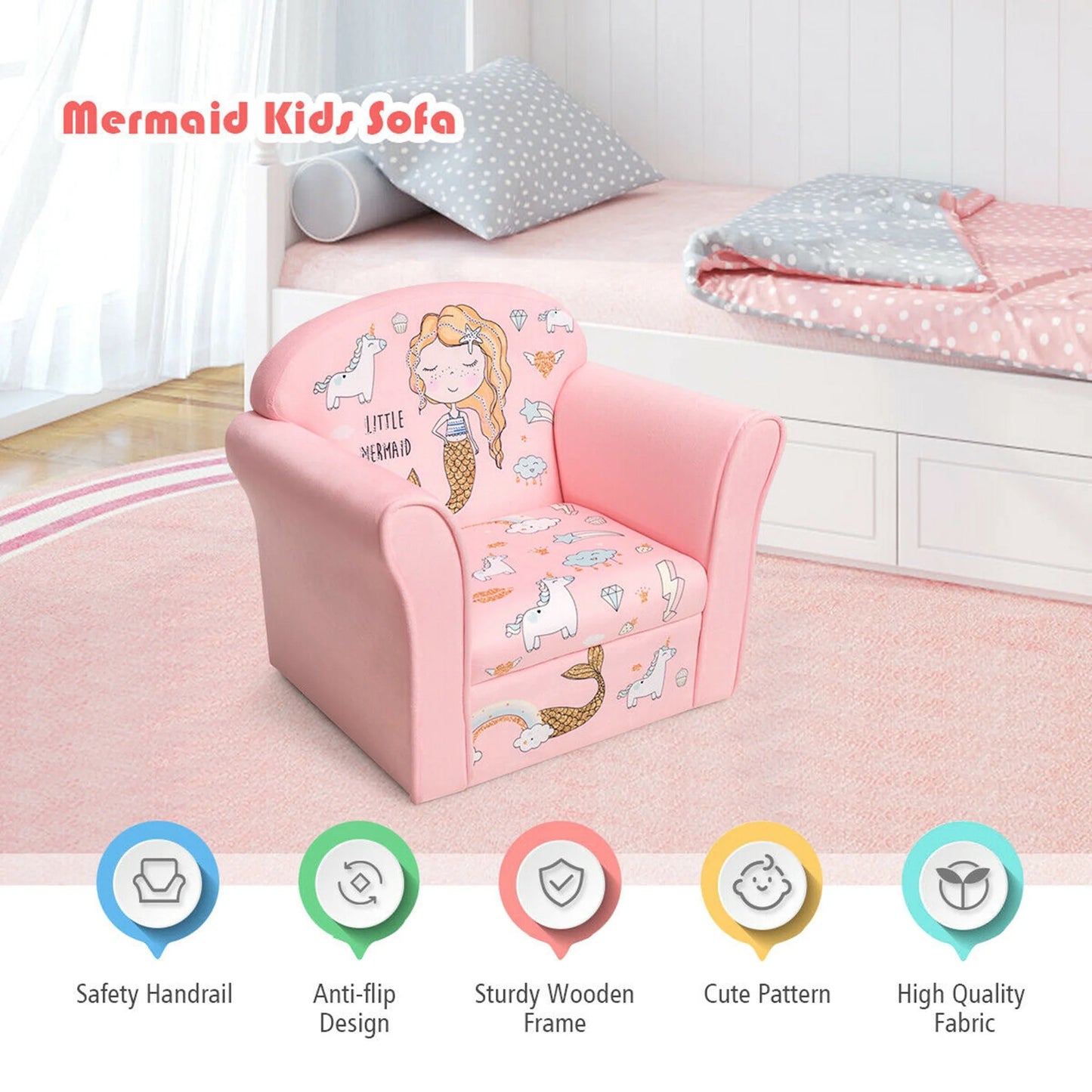 Kids Mermaid Sofa Children Armrest Couch Upholstered Chair Toddler Furniture