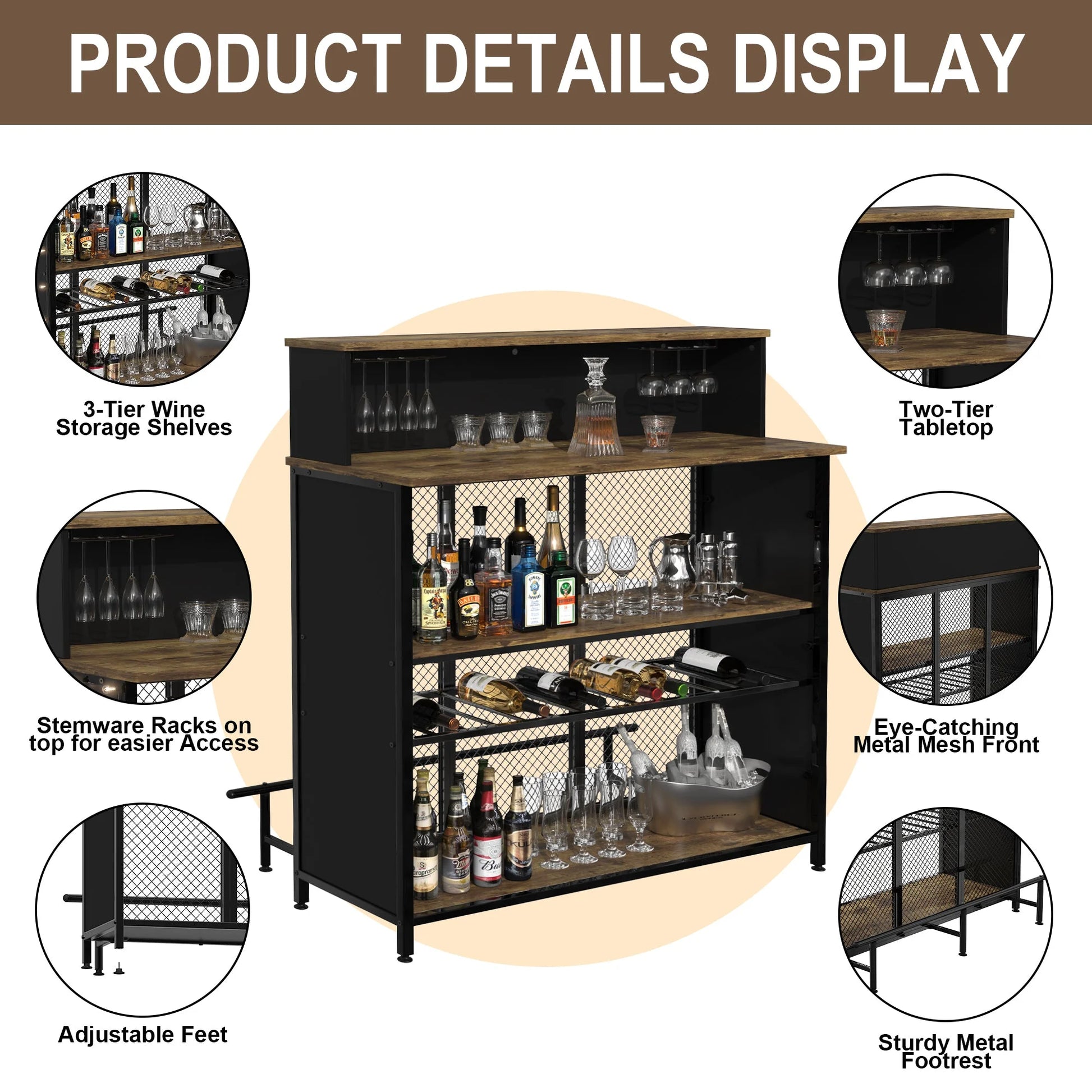 Home Bar Unit Mini Bar Liquor Bar Table with Storage and Footrest