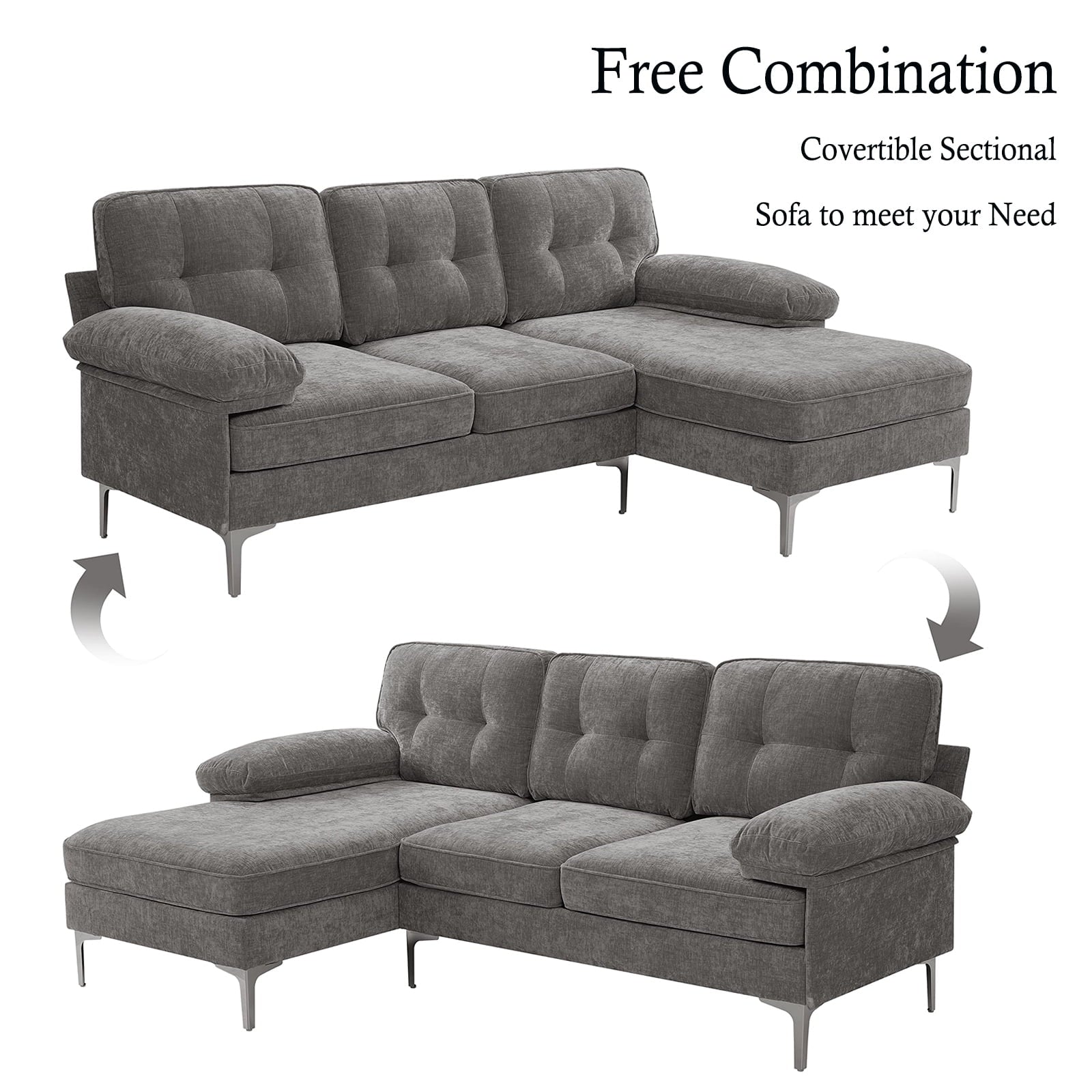 Convertible Sectional Sofa Couch, Convertible L Shaped Couch with Reversible Chaise, Sectional Couch for Small Space Apartment, 3 Seater, Grey